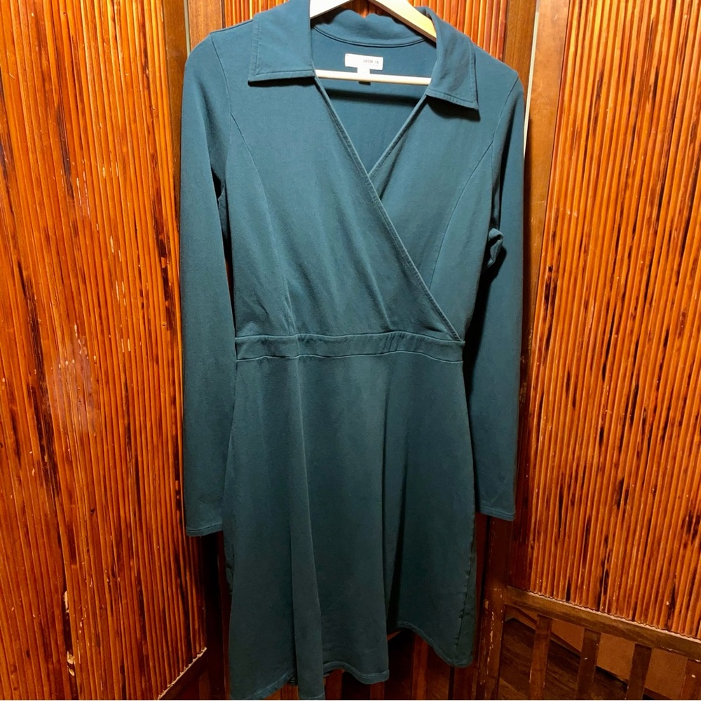 Teal Collared Long-sleeve V-Neck Wrap Dress